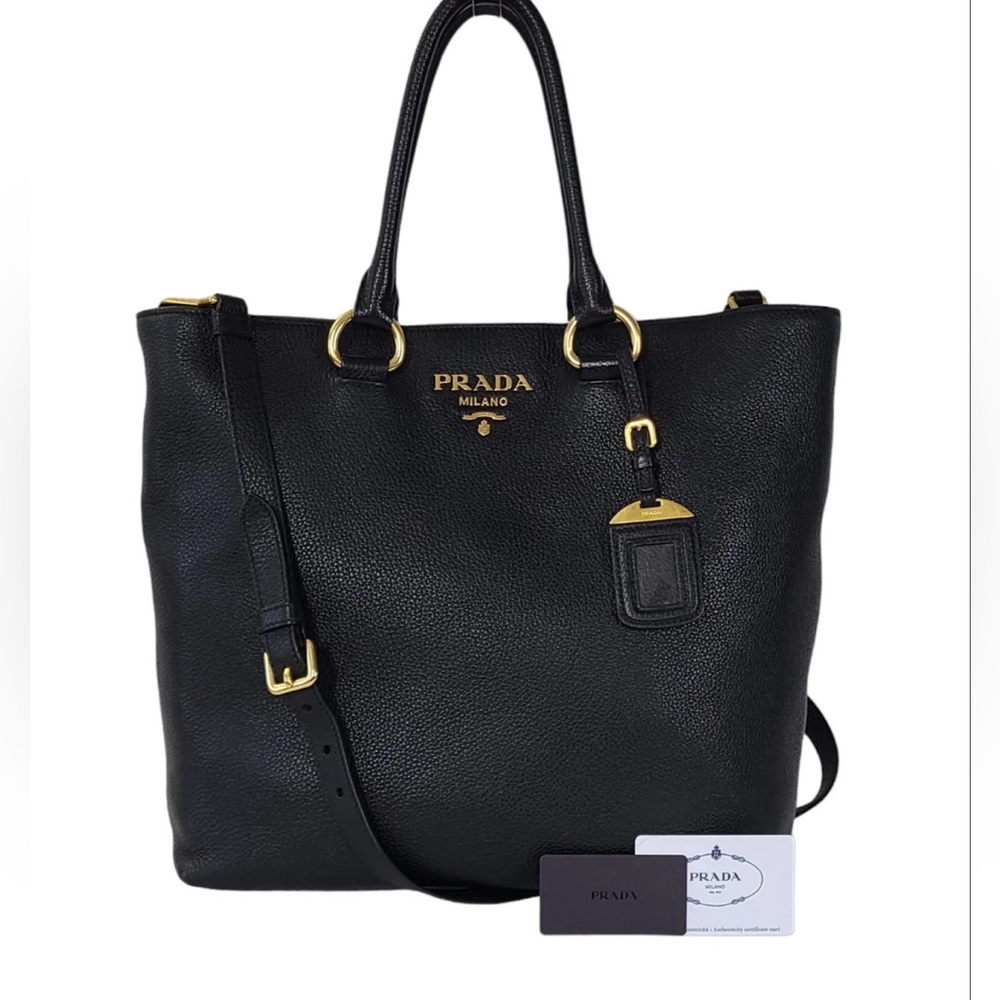 SOLD PRADA Black Daino Pebbled Leather Tote with Crossbody Strap